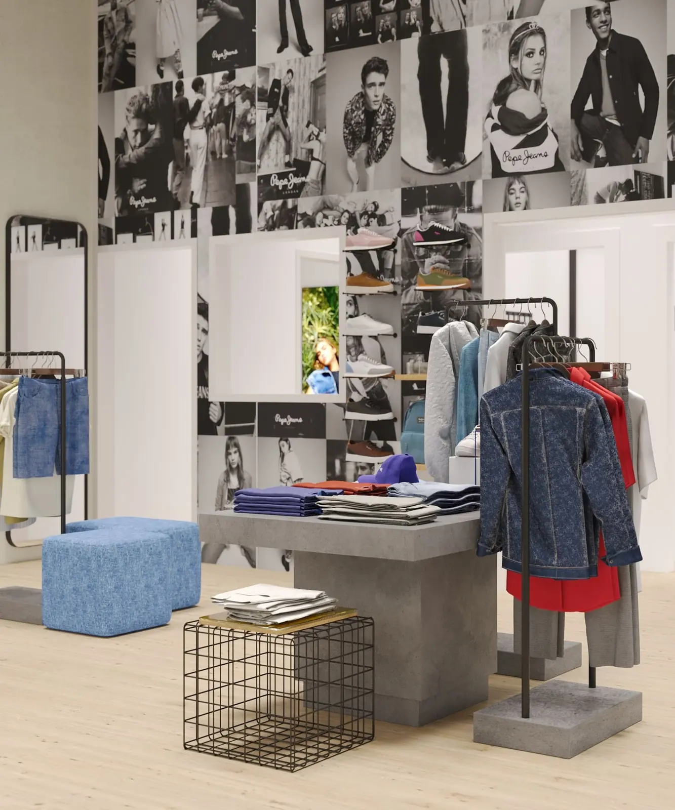 Infografía 3D de zona de probadores con puffs y mural de Pepe Jeans London Colombo, tienda retail en el centro comercial Colombo, Lisboa (AWWG)