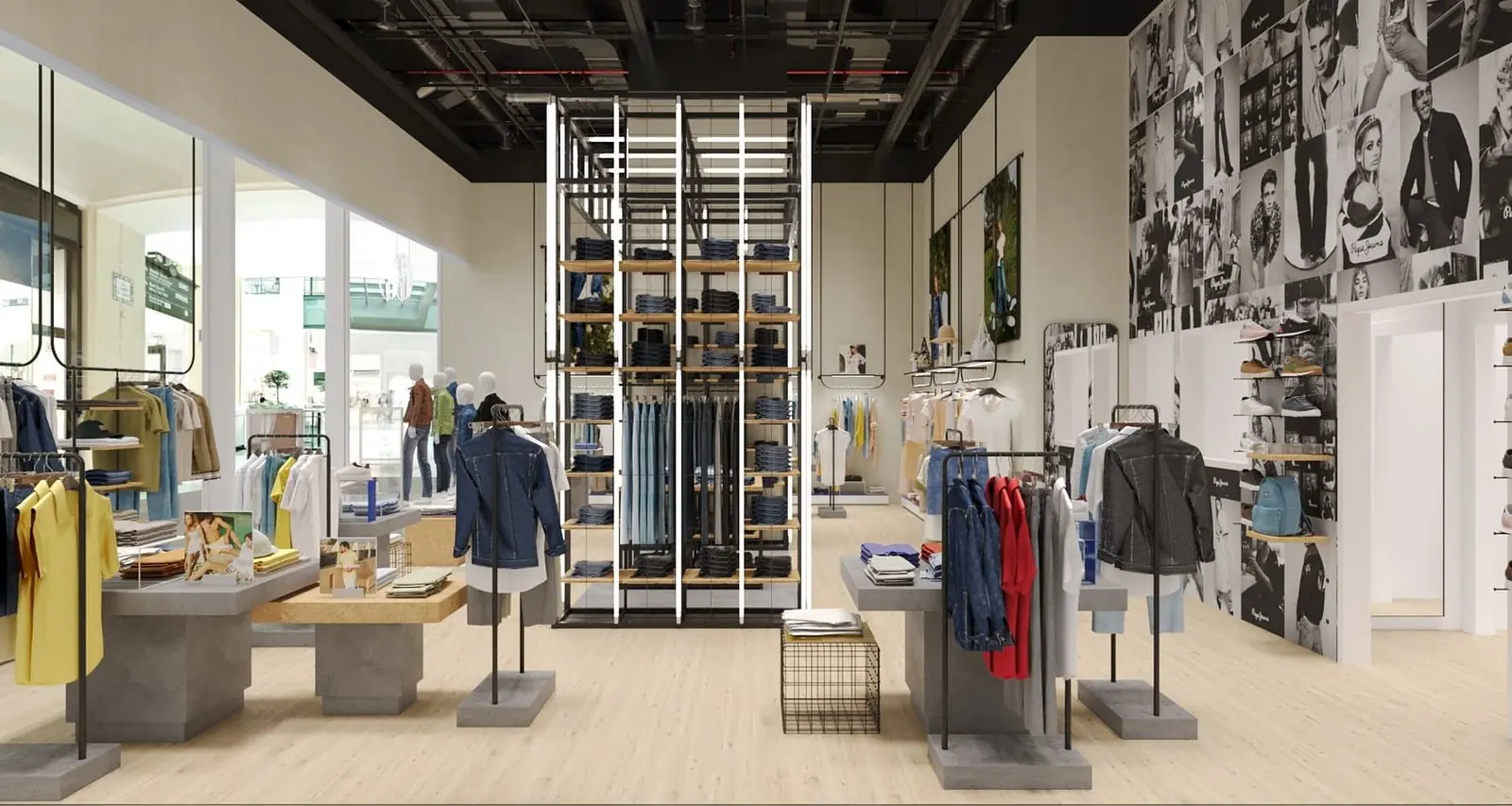 Infografía 3D de sala de ventas con el módulo central de denim y el mural fotográfico de Pepe Jeans London Colombo, tienda retail en el centro comercial Colombo, Lisboa (AWWG)