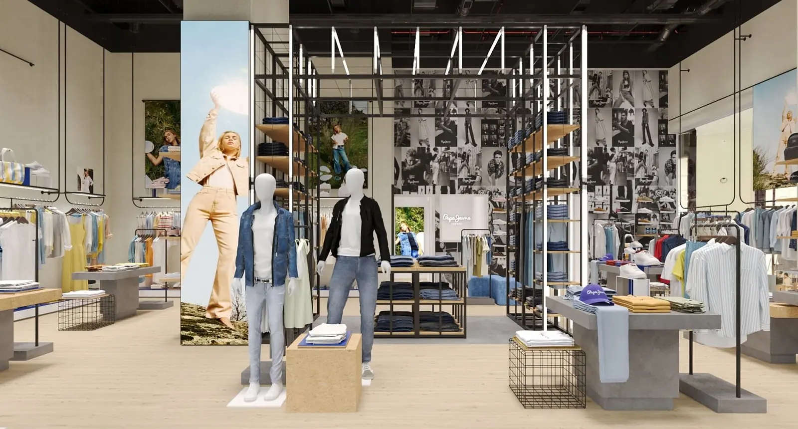 Infografía 3D de vista general con la columna gráfica, el módulo de denim y maniquíes de Pepe Jeans London Colombo, tienda retail en el centro comercial Colombo, Lisboa (AWWG)