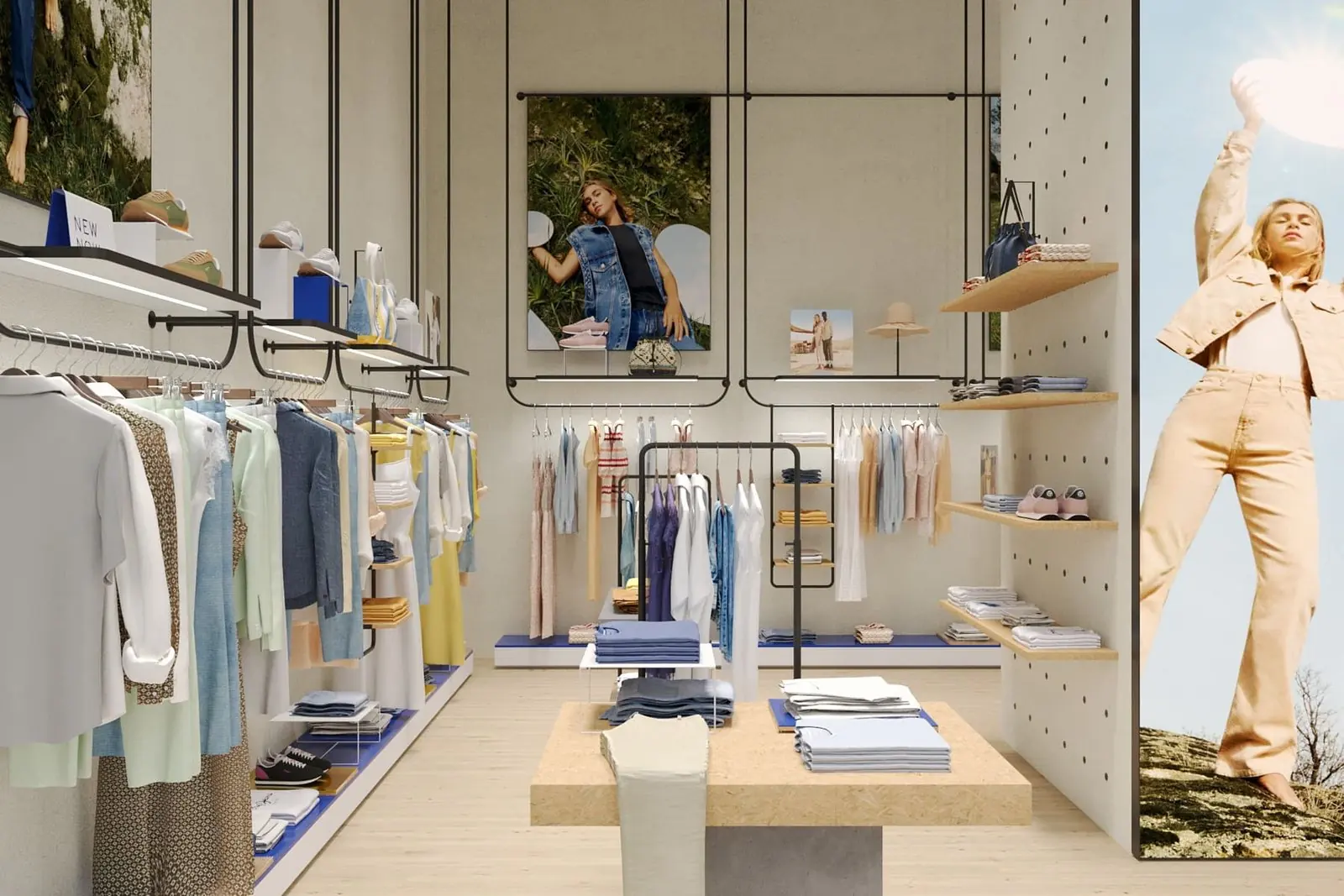 Infografía 3D de zona de mujer con baldas y gráfica de campaña de Pepe Jeans London Colombo, tienda retail en el centro comercial Colombo, Lisboa (AWWG)