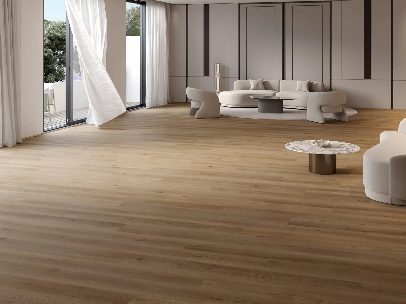 Infografía 3D de salón con pavimento Vycover Aalto Évora de pluscover, catálogo comercial de pavimentos (Grupo Habermas)