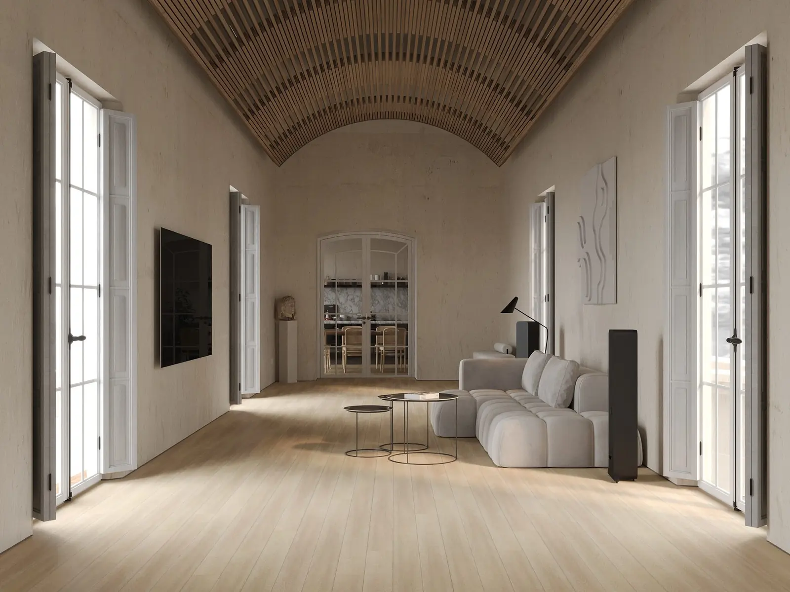Infografía 3D de salón con bóveda de madera y pavimento Vycover Quaterra Brooklyn de pluscover, catálogo comercial de pavimentos (Grupo Habermas)
