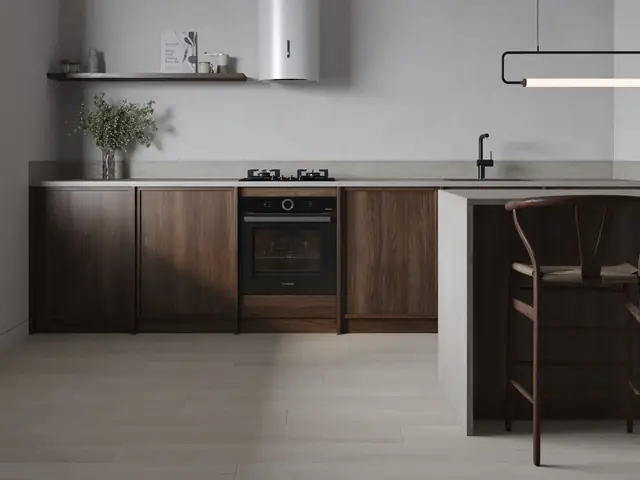 Infografía 3D de cocina con pavimento Vycover Quaterra Queens de pluscover, catálogo comercial de pavimentos (Grupo Habermas)