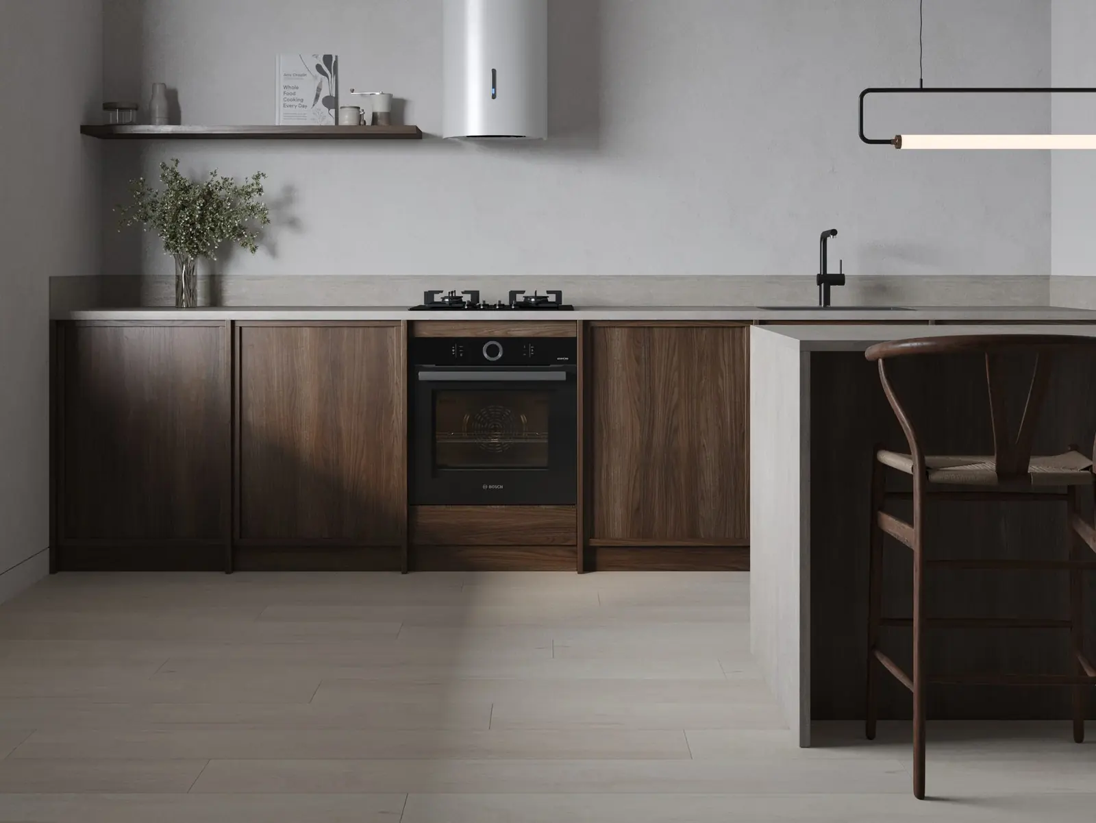 Infografía 3D de cocina con pavimento Vycover Quaterra Queens de pluscover, catálogo comercial de pavimentos (Grupo Habermas)