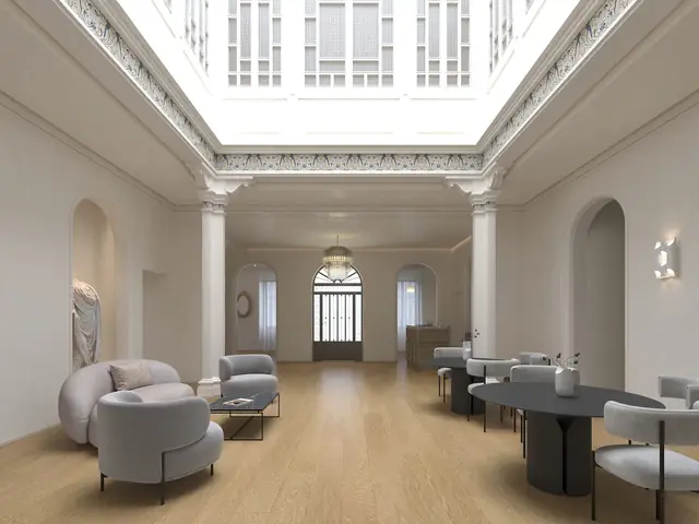 Infografía 3D de salón con patio cubierto y pavimento Vycover Satén XL Nysa de pluscover, catálogo comercial de pavimentos (Grupo Habermas)