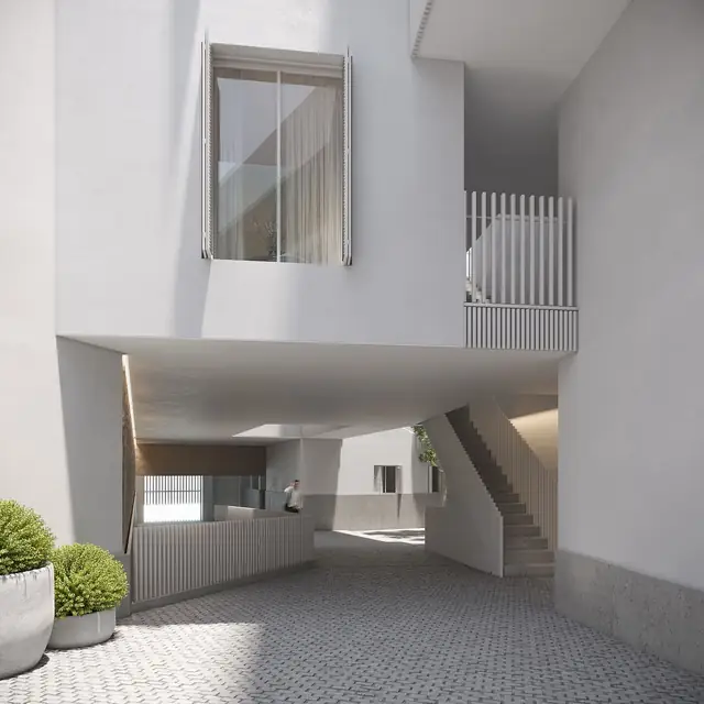 Infografía 3D de acceso y escalera de Puntal de Dueñas, edificio residencial en Sevilla (Juan Luis Sánchez)