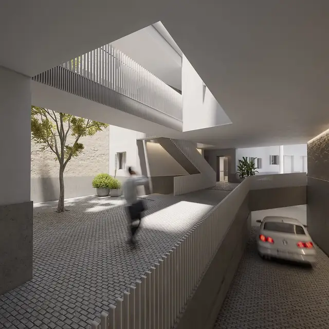 Infografía 3D de acceso rodado de Puntal de Dueñas, edificio residencial en Sevilla (Juan Luis Sánchez)