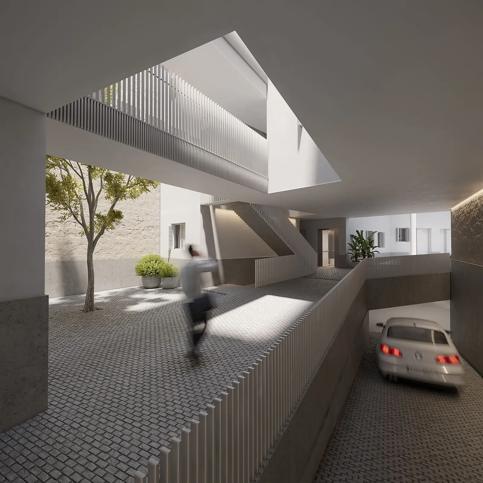 Infografía 3D de acceso rodado de Puntal de Dueñas, edificio residencial en Sevilla (Juan Luis Sánchez)