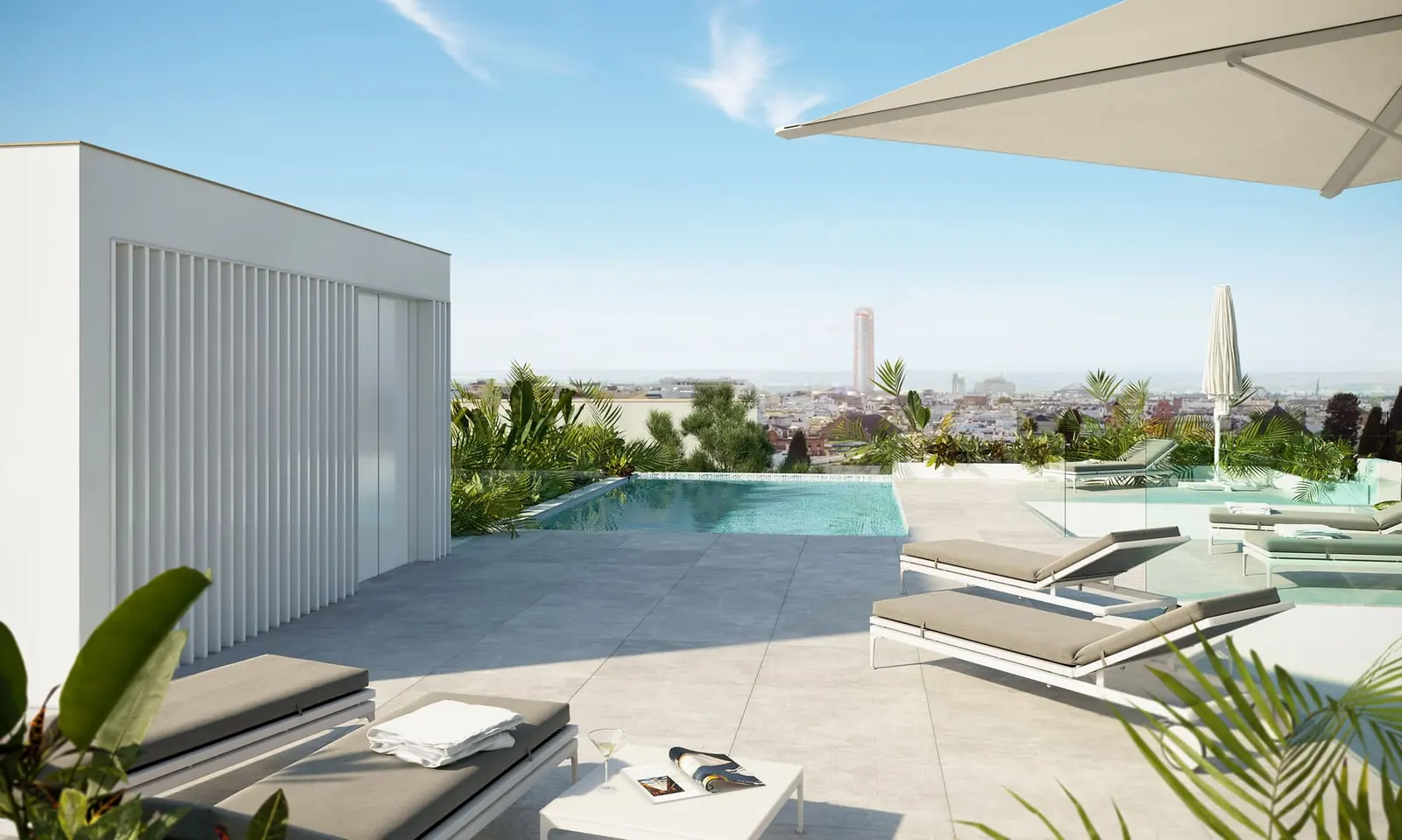 Infografía 3D de azotea con piscina de Puntal de Dueñas, edificio residencial en Sevilla (Juan Luis Sánchez)