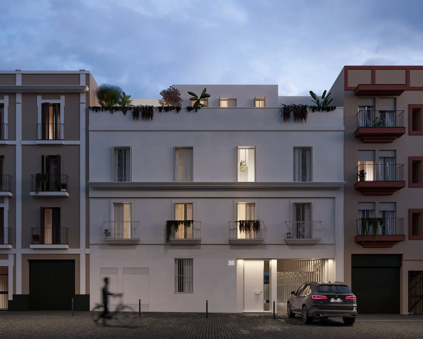 Infografía 3D de fachada a la calle al anochecer de Puntal de Dueñas, edificio residencial en Sevilla (Juan Luis Sánchez)