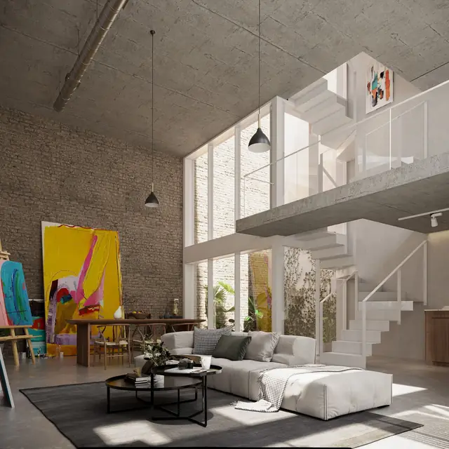 Infografía 3D de loft en doble altura de Puntal de Dueñas, edificio residencial en Sevilla (Juan Luis Sánchez)