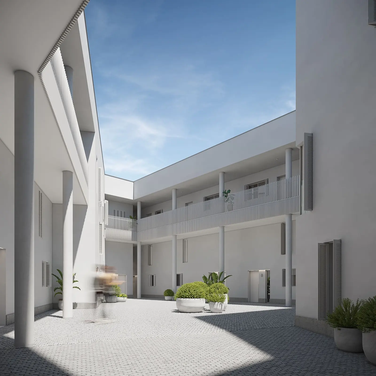 Infografía 3D de patio central de Puntal de Dueñas, edificio residencial en Sevilla (Juan Luis Sánchez)