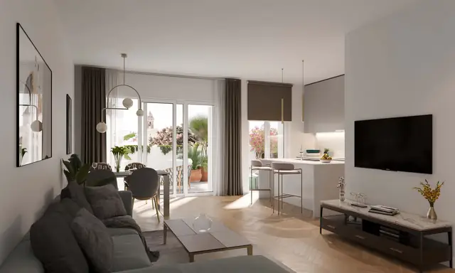 Infografía 3D de salón con cocina de Puntal de Dueñas, edificio residencial en Sevilla (Juan Luis Sánchez)