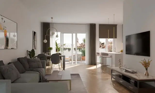 Infografía 3D de salón de Puntal de Dueñas, edificio residencial en Sevilla (Juan Luis Sánchez)