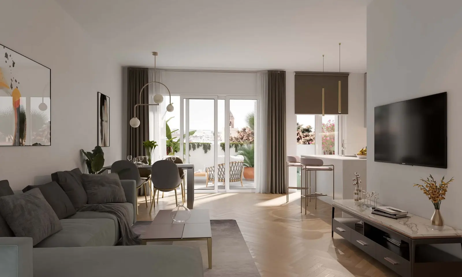 Infografía 3D de salón de Puntal de Dueñas, edificio residencial en Sevilla (Juan Luis Sánchez)
