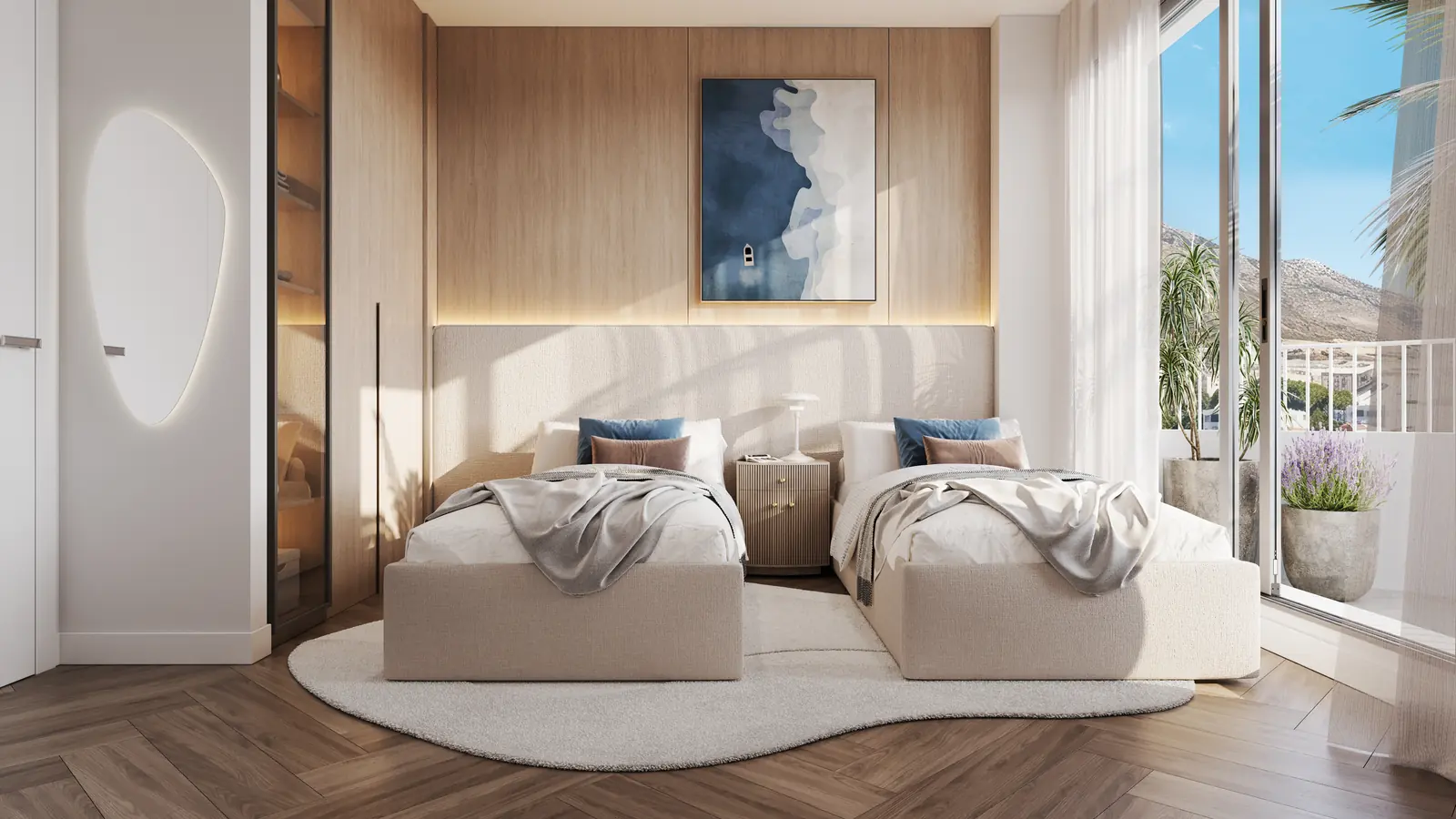 Infografía 3D de dormitorio principal con lavabo integrado de Residencial Magna, promoción residencial en Torremolinos, Málaga (factor(ia))