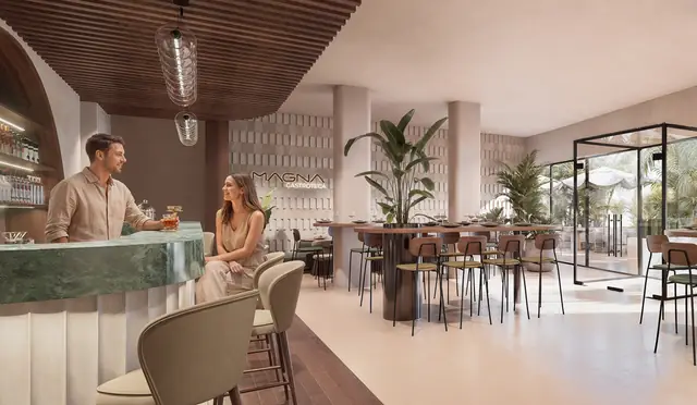 Infografía 3D de Magna Gastroteca, barra y comedor de Residencial Magna, promoción residencial en Torremolinos, Málaga (factor(ia))