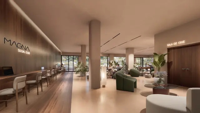 Infografía 3D de Magna Social Club, zona común con sala de cine de Residencial Magna, promoción residencial en Torremolinos, Málaga (factor(ia))