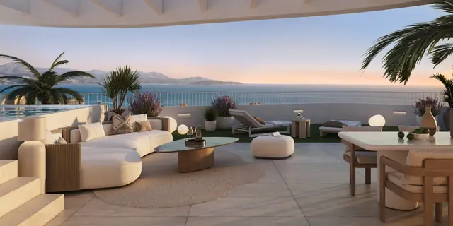 Infografía 3D de terraza de ático con vistas al mar al atardecer de Residencial Magna, promoción residencial en Torremolinos, Málaga (factor(ia))