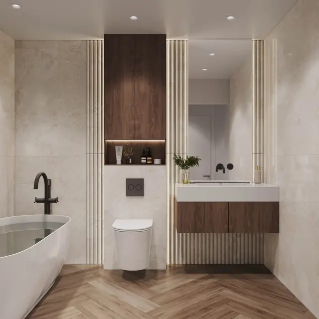 Infografía 3D de baño con bañera exenta de Silgar, promoción residencial en Sanxenxo, Pontevedra (EB Arquitectos)