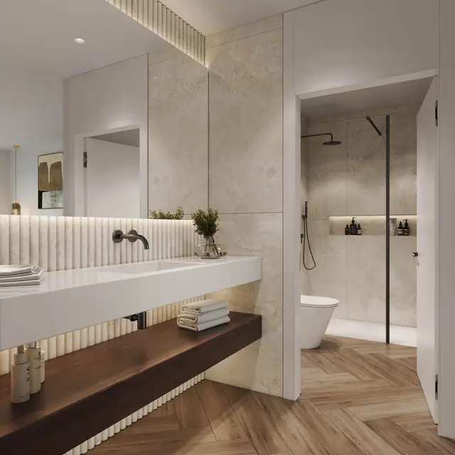 Infografía 3D de baño con lavabo suspendido de Silgar, promoción residencial en Sanxenxo, Pontevedra (EB Arquitectos)