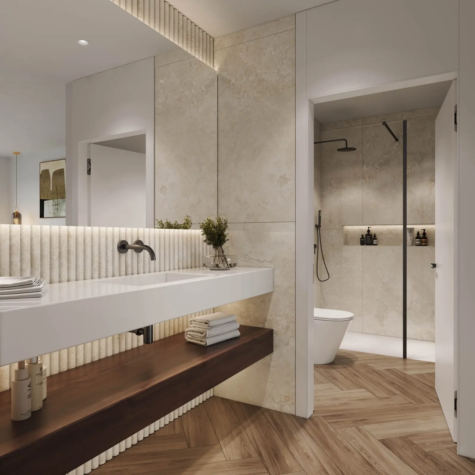 Infografía 3D de baño con lavabo suspendido de Silgar, promoción residencial en Sanxenxo, Pontevedra (EB Arquitectos)