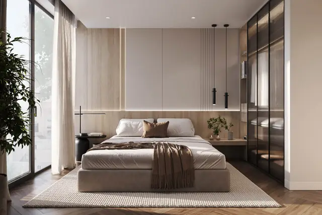 Infografía 3D de dormitorio principal de Silgar, promoción residencial en Sanxenxo, Pontevedra (EB Arquitectos)