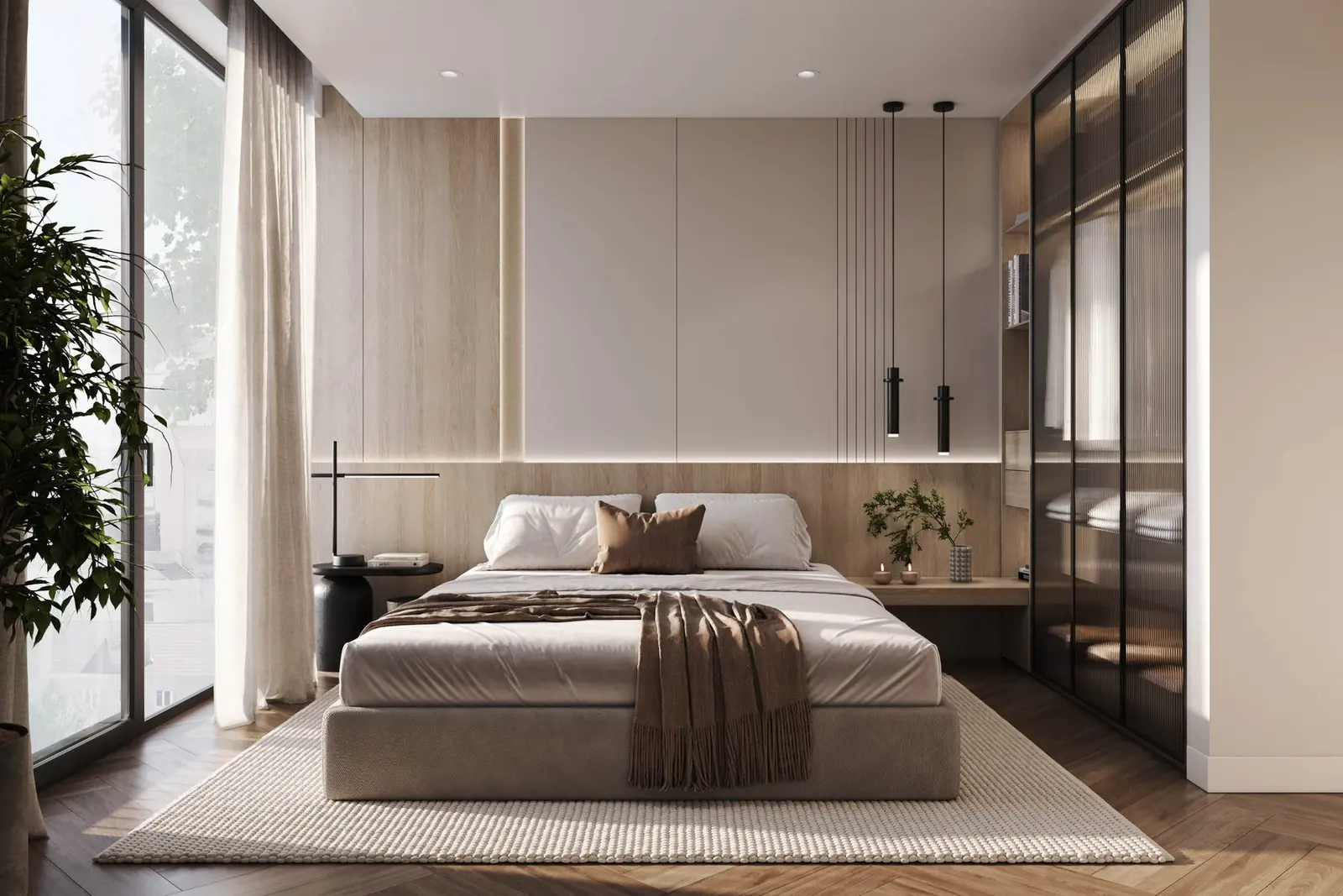 Infografía 3D de dormitorio principal de Silgar, promoción residencial en Sanxenxo, Pontevedra (EB Arquitectos)