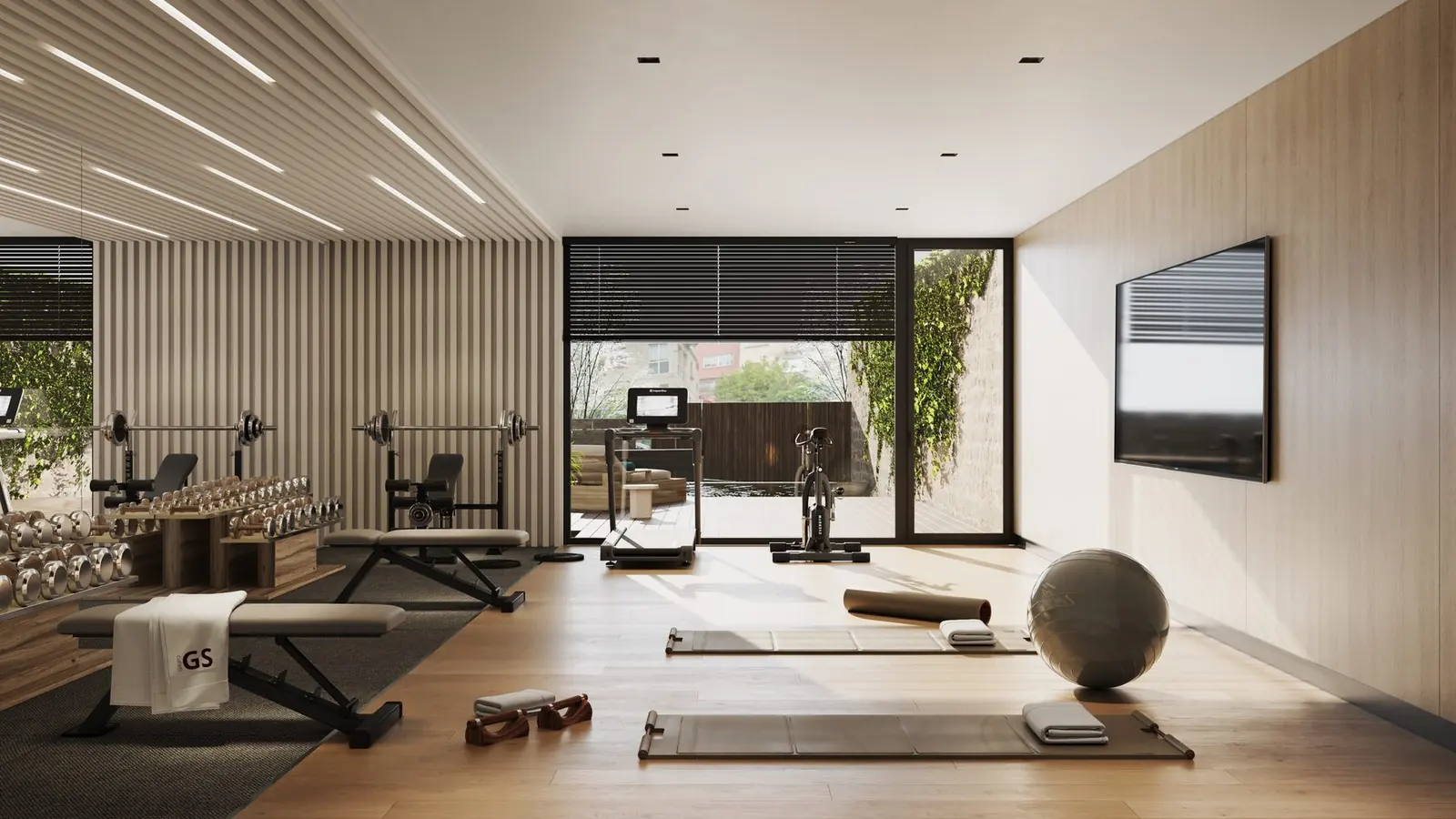 Infografía 3D de gimnasio de zonas comunes de Silgar, promoción residencial en Sanxenxo, Pontevedra (EB Arquitectos)