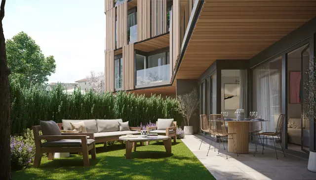 Infografía 3D de jardín privado de una vivienda en planta baja de Silgar, promoción residencial en Sanxenxo, Pontevedra (EB Arquitectos)