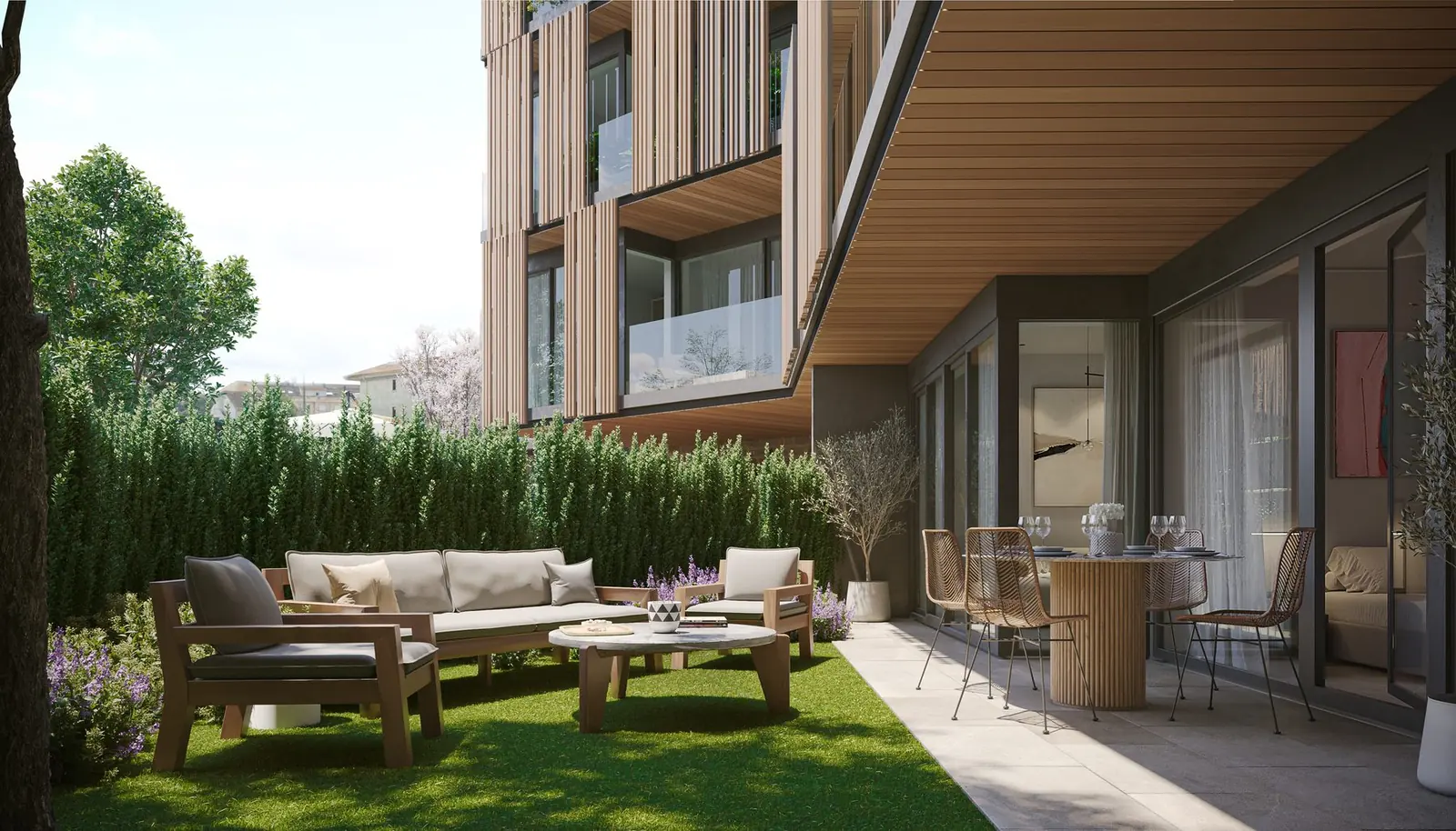 Infografía 3D de jardín privado de una vivienda en planta baja de Silgar, promoción residencial en Sanxenxo, Pontevedra (EB Arquitectos)
