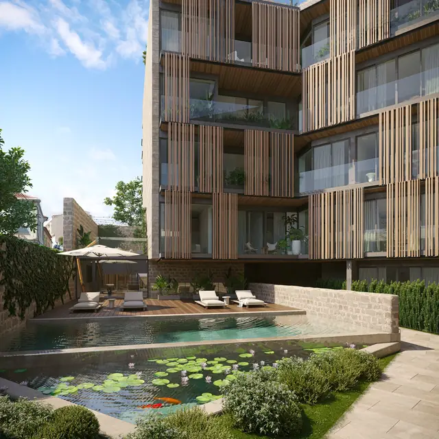 Infografía 3D de piscina y fachada de Silgar, promoción residencial en Sanxenxo, Pontevedra (EB Arquitectos)