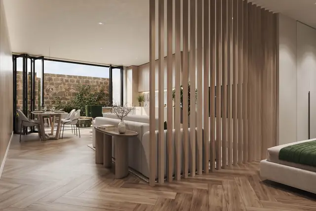 Infografía 3D de salón y comedor de la vivienda 1E de Silgar, promoción residencial en Sanxenxo, Pontevedra (EB Arquitectos)
