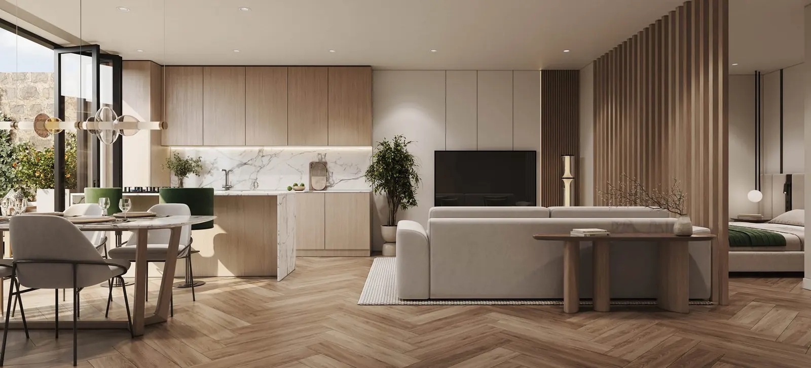 Infografía 3D de salón de la vivienda 1E de Silgar, promoción residencial en Sanxenxo, Pontevedra (EB Arquitectos)