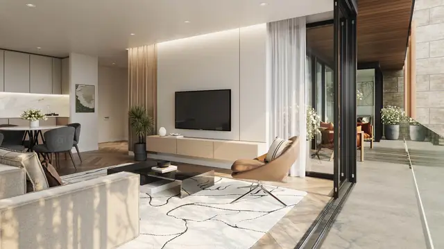 Infografía 3D de salón de la vivienda 3C de Silgar, promoción residencial en Sanxenxo, Pontevedra (EB Arquitectos)