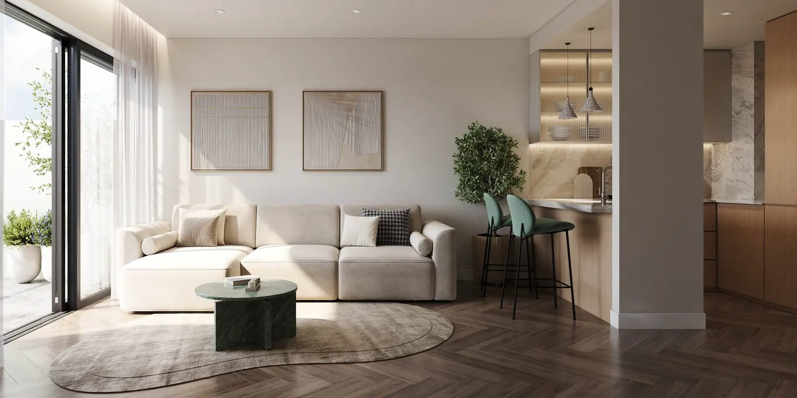 Infografía 3D de salón de la vivienda 3P de Silgar, promoción residencial en Sanxenxo, Pontevedra (EB Arquitectos)
