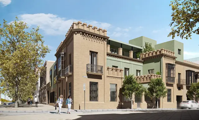 Infografía 3D de fachada a la calle de Torneo 69, rehabilitación residencial en Sevilla (Curtidores)