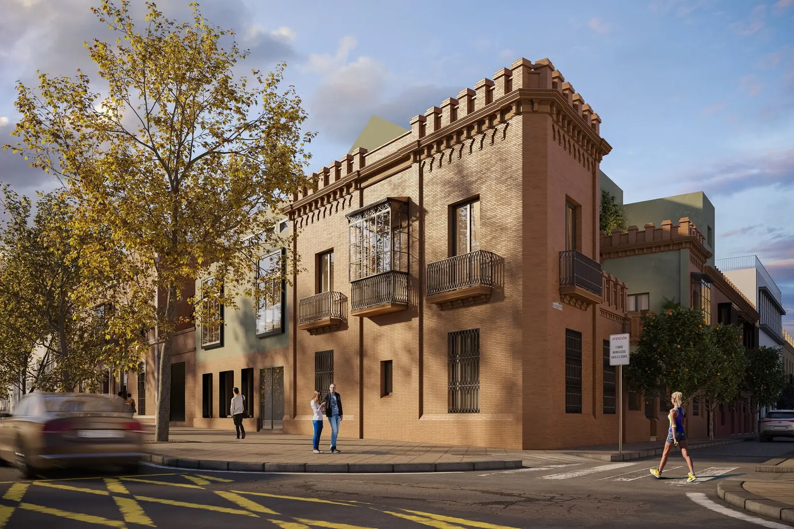 Infografía 3D de fachada en esquina al atardecer de Torneo 69, rehabilitación residencial en Sevilla (Curtidores)