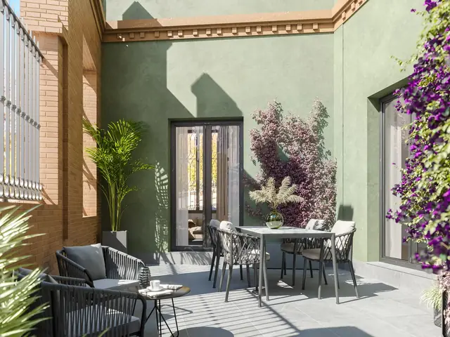 Infografía 3D de patio con buganvillas de Torneo 69, rehabilitación residencial en Sevilla (Curtidores)