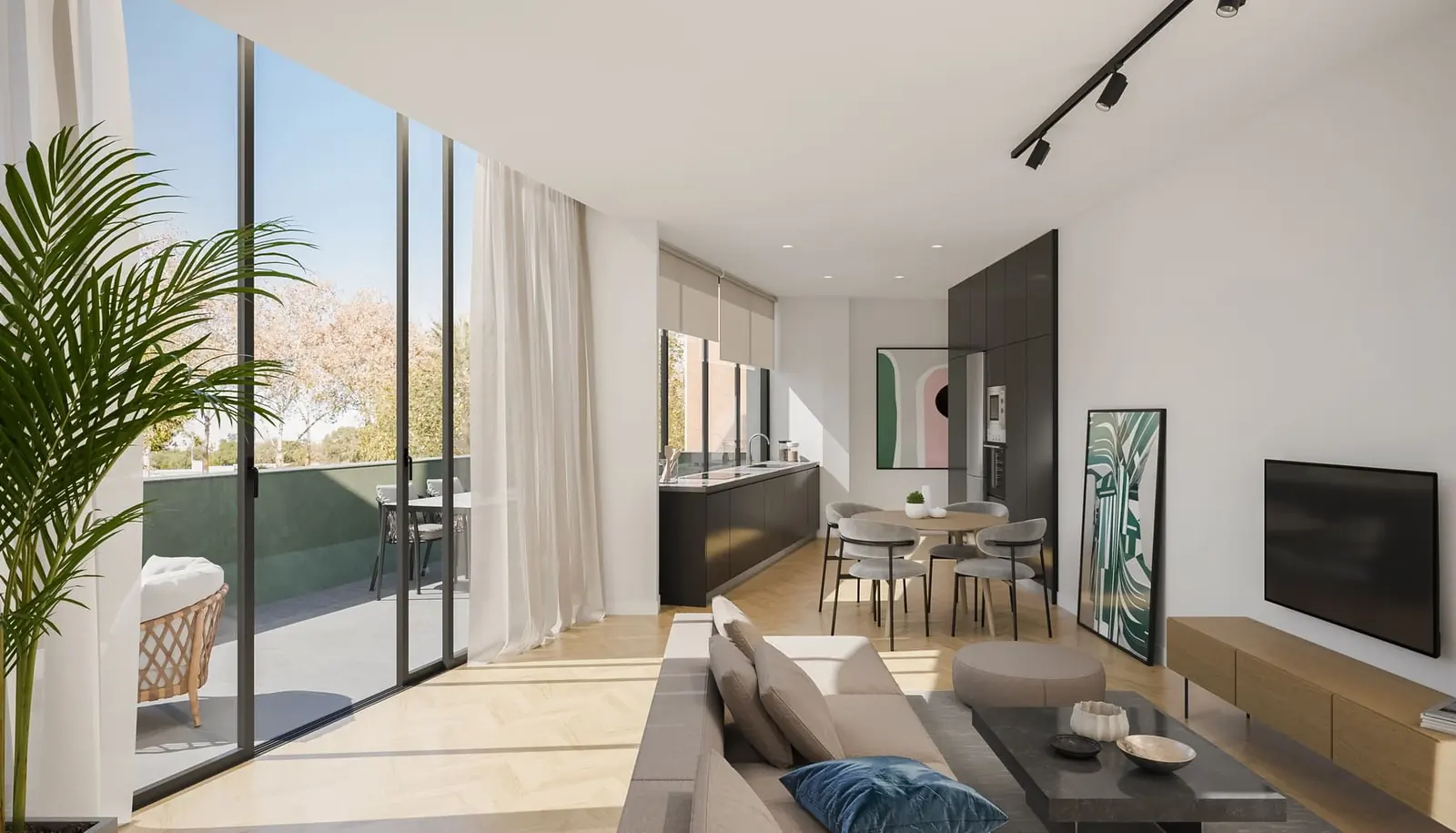 Infografía 3D de salón con cocina abierta y terraza de Torneo 69, rehabilitación residencial en Sevilla (Curtidores)