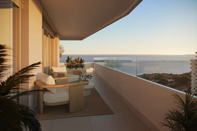 Infografía 3D de terraza con vistas al mar al atardecer de Torre del Algarve, torre residencial en Portimão, Algarve (Portugal) (Saraiva + Associados)