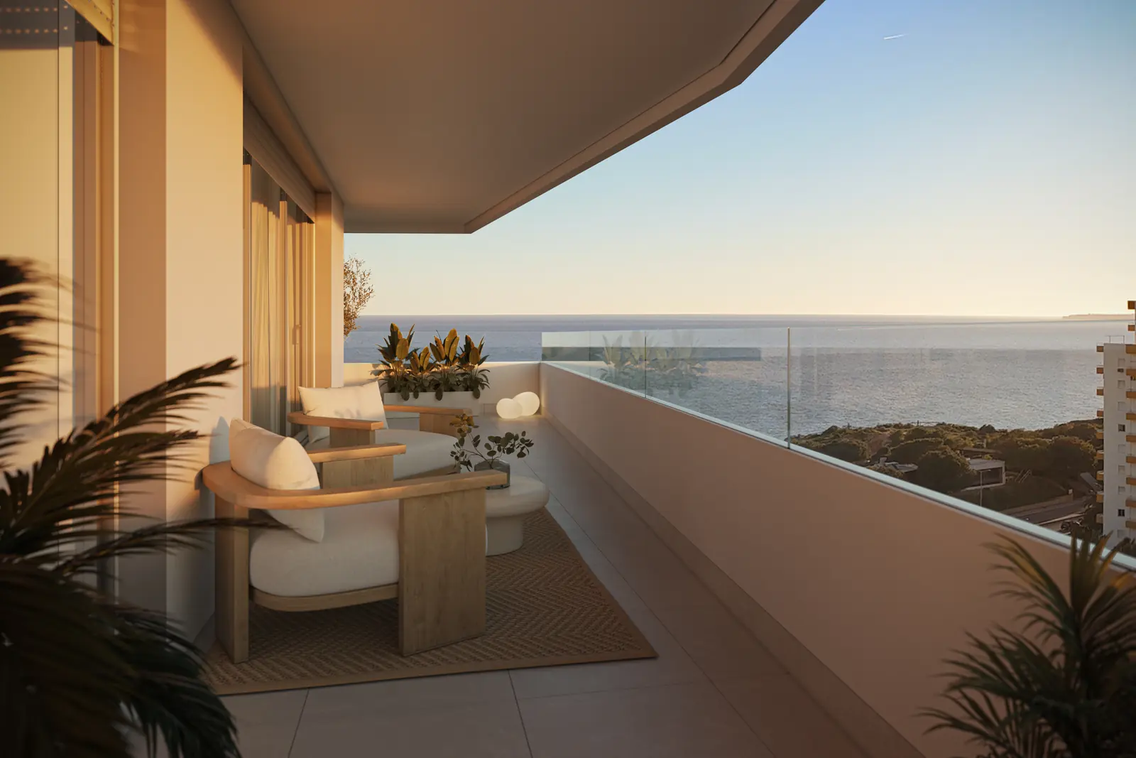 Infografía 3D de terraza con vistas al mar al atardecer de Torre del Algarve, torre residencial en Portimão, Algarve (Portugal) (Saraiva + Associados)