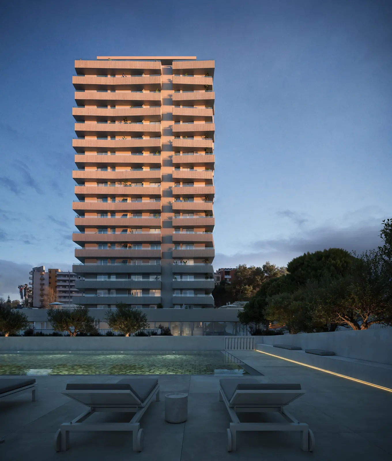 Infografía 3D de torre y piscina comunitaria al anochecer de Torre del Algarve, torre residencial en Portimão, Algarve (Portugal) (Saraiva + Associados)