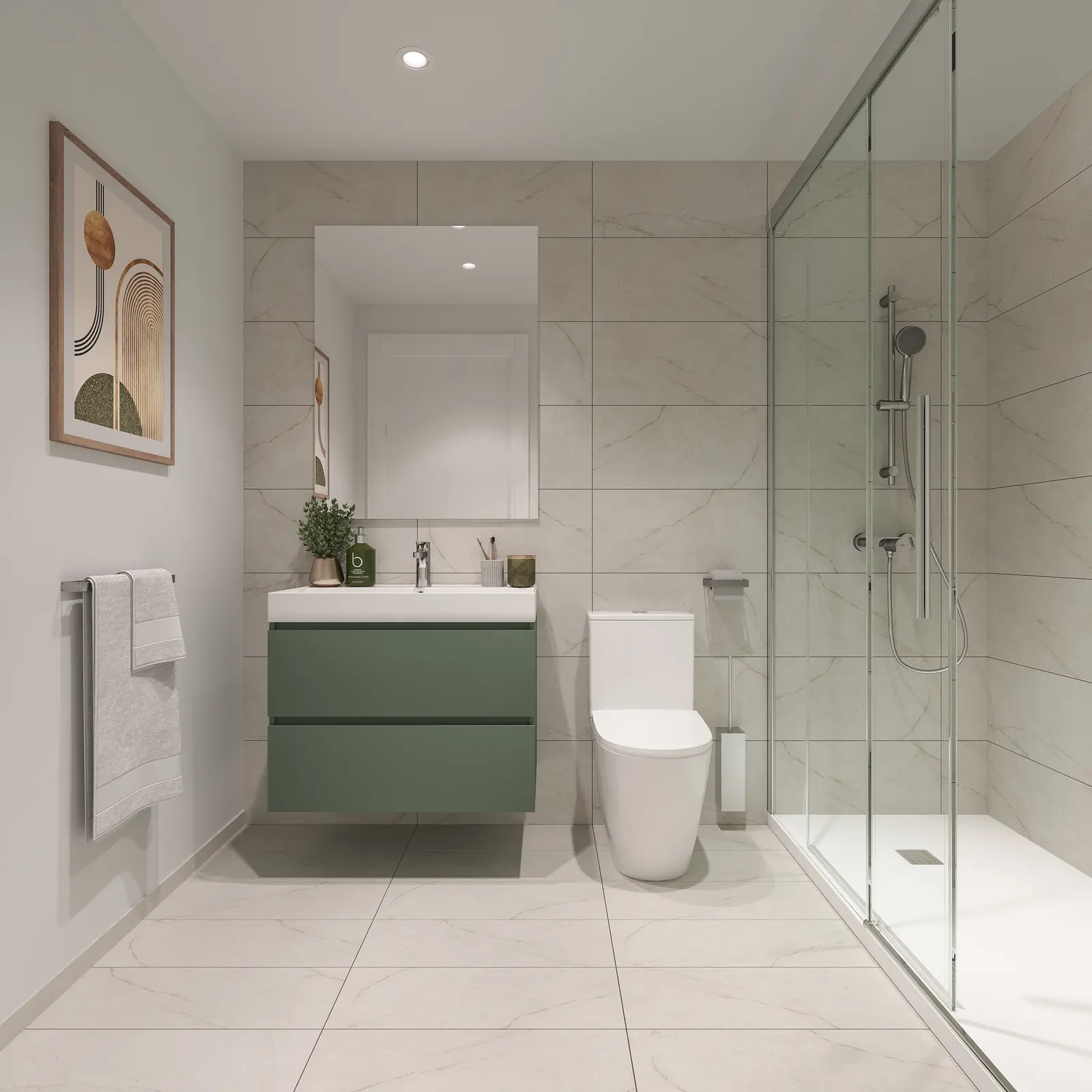 Infografía 3D de baño con mueble de lavabo en verde de Torrenova, promoción residencial en el entorno de la Cruzcampo, Sevilla (ele2f)