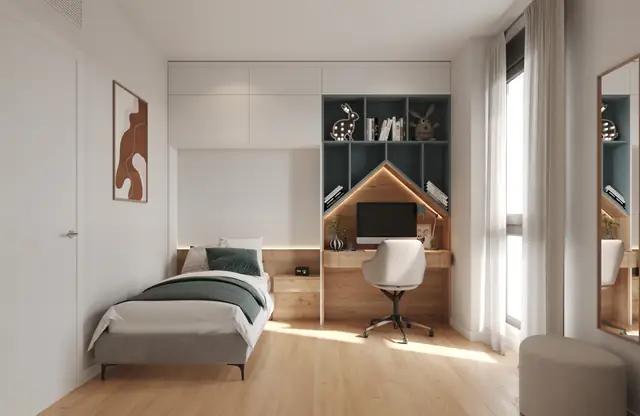 Infografía 3D de dormitorio infantil con zona de estudio de Torrenova, promoción residencial en el entorno de la Cruzcampo, Sevilla (ele2f)
