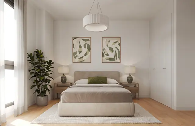 Infografía 3D de dormitorio principal de Torrenova, promoción residencial en el entorno de la Cruzcampo, Sevilla (ele2f)