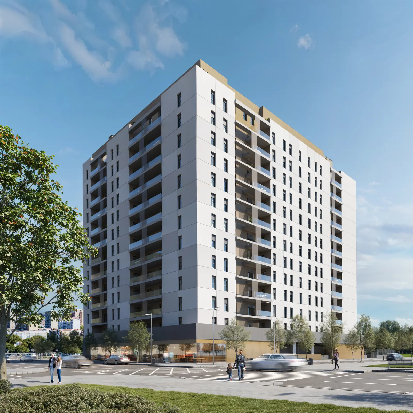 Infografía 3D de fachada en esquina con locales en planta baja de Torrenova, promoción residencial en el entorno de la Cruzcampo, Sevilla (ele2f)