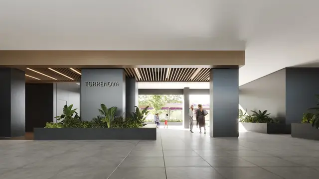 Infografía 3D de portal de acceso de Torrenova, promoción residencial en el entorno de la Cruzcampo, Sevilla (ele2f)