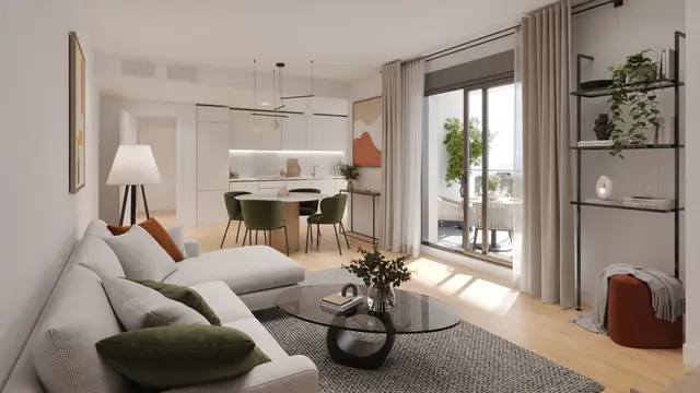 Infografía 3D de salón con cocina abierta de Torrenova, promoción residencial en el entorno de la Cruzcampo, Sevilla (ele2f)