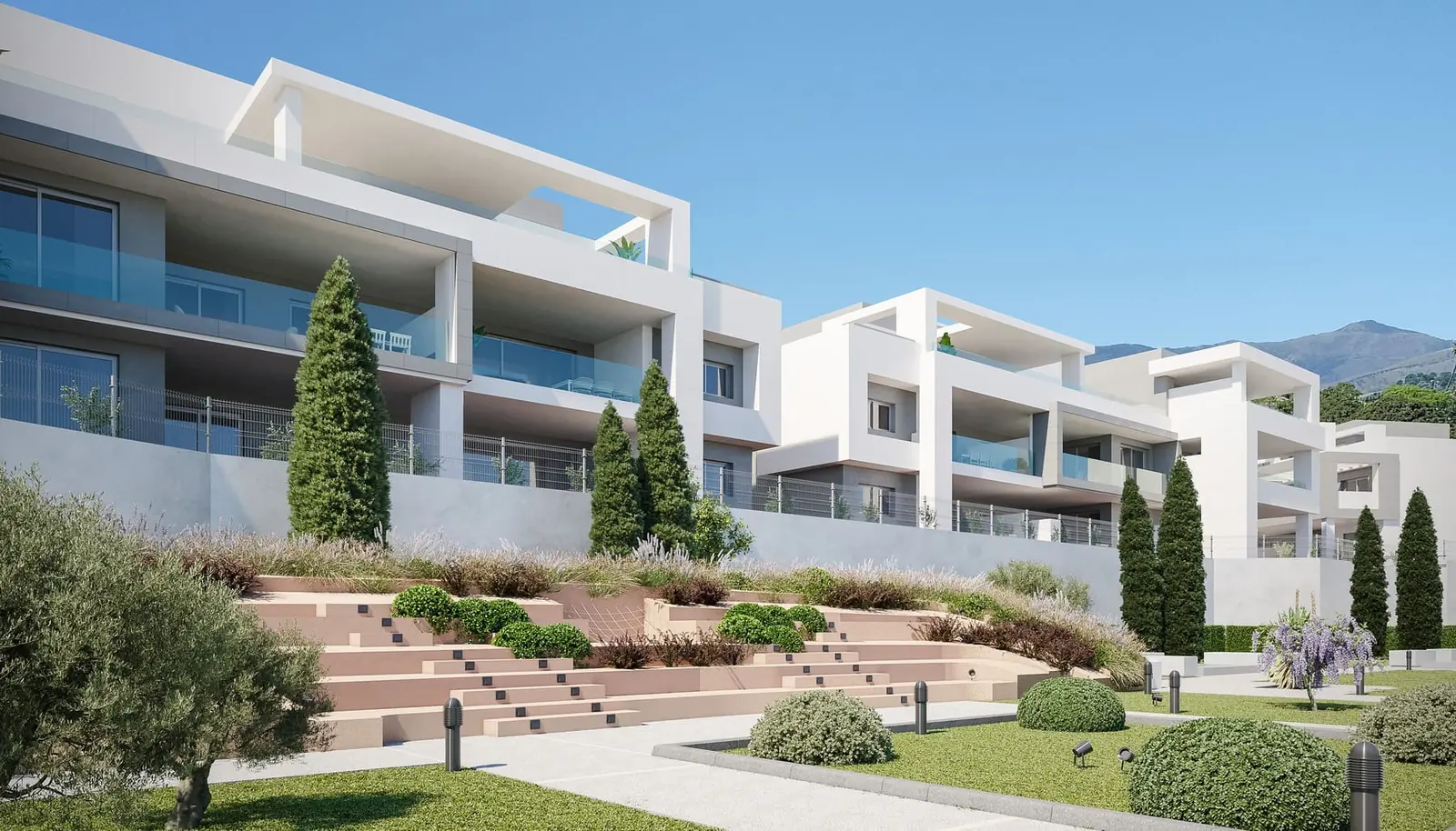 Infografía 3D de jardines escalonados de Vanian Garden, promoción residencial en Estepona (Málaga) (González & Jacobson Arquitectura)